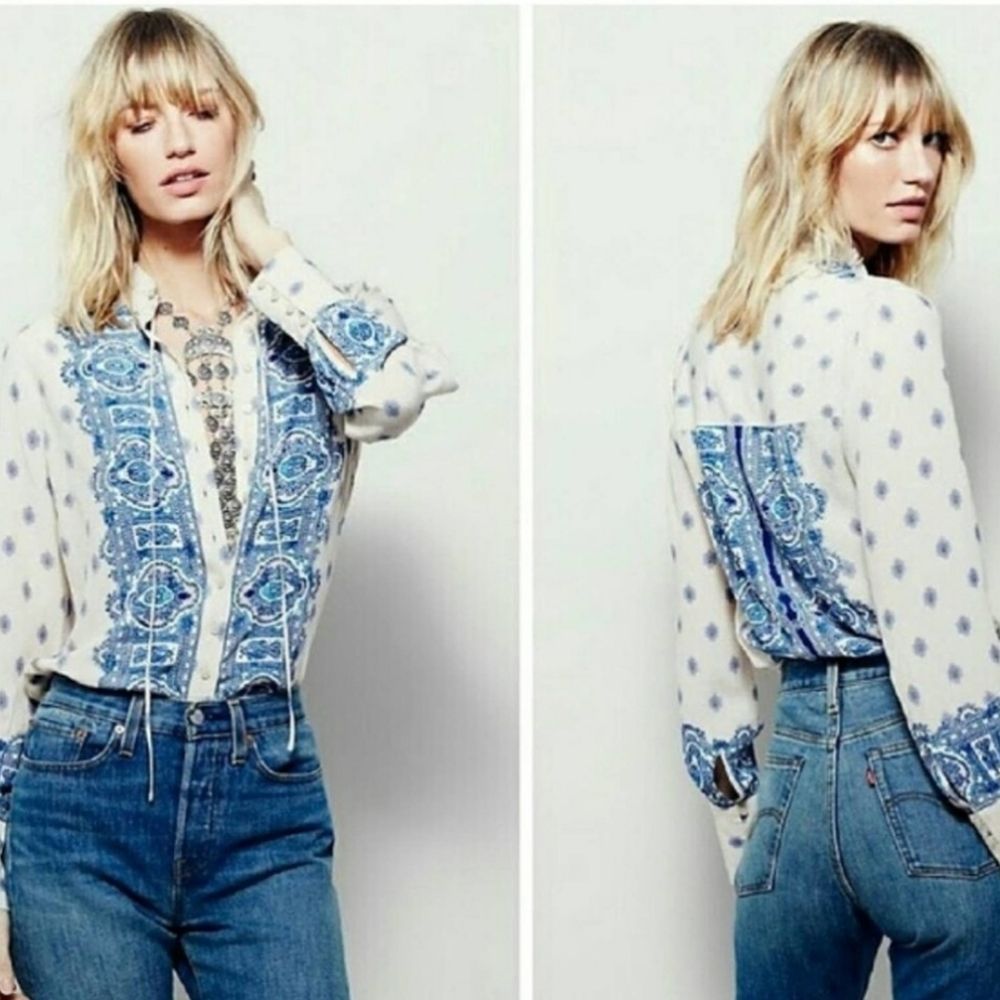 Free People Wishing Well Blouse Sz. M Boho Long Sleeve Pale Pink, Blue, Ivory